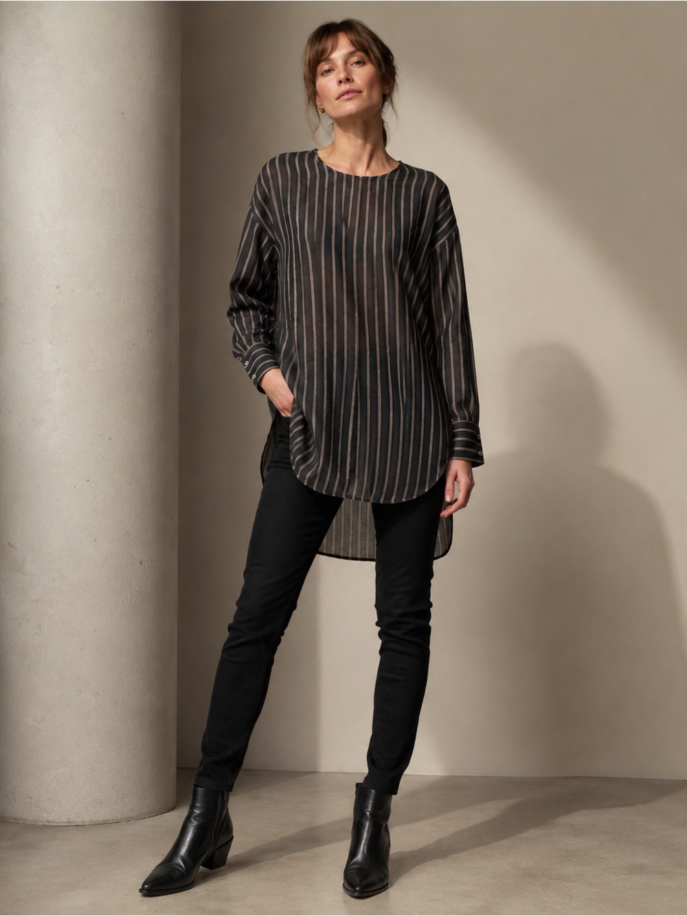Marimekko Pippa Striped Cotton Button Up Shirt Size 40 Black Brown Tunic